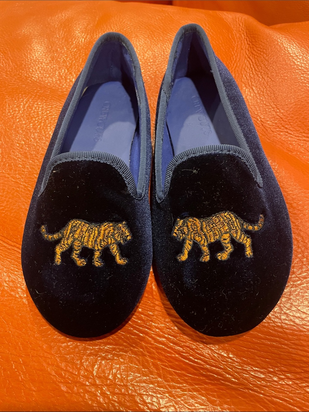 Crew cuts Kids Navy Velvet Slip-On Dress Shoes with Gold Tiger Embroidery